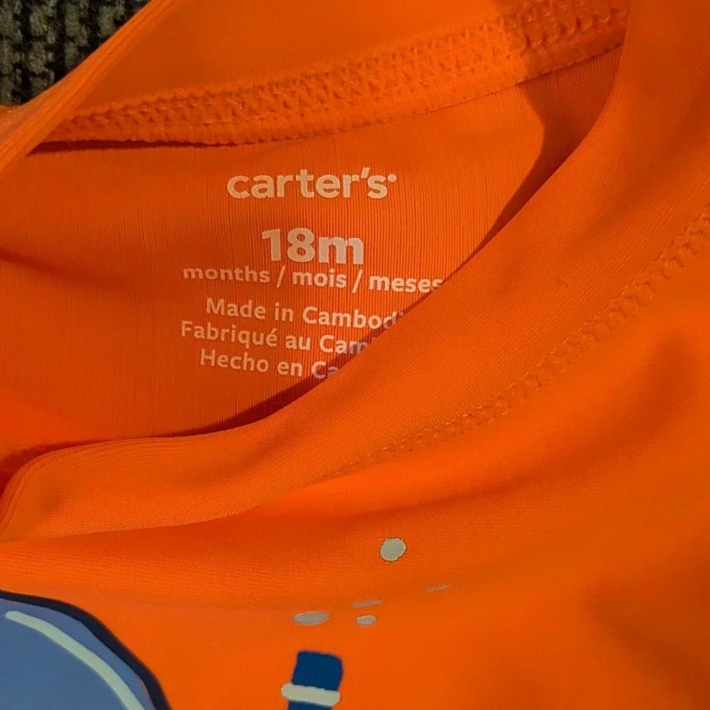 Carters Kids Orange‎ Shark Snorkel Graphic Long Sleeve Rash Guard Swim Shirt 18M